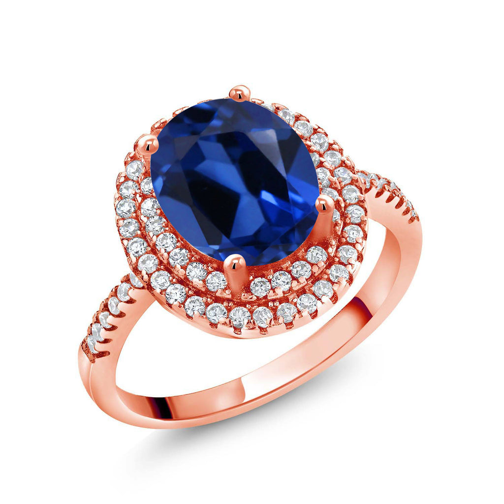 Blue Created Sapphire - September_7_Ring in 925 Rose Gold Plated Silver