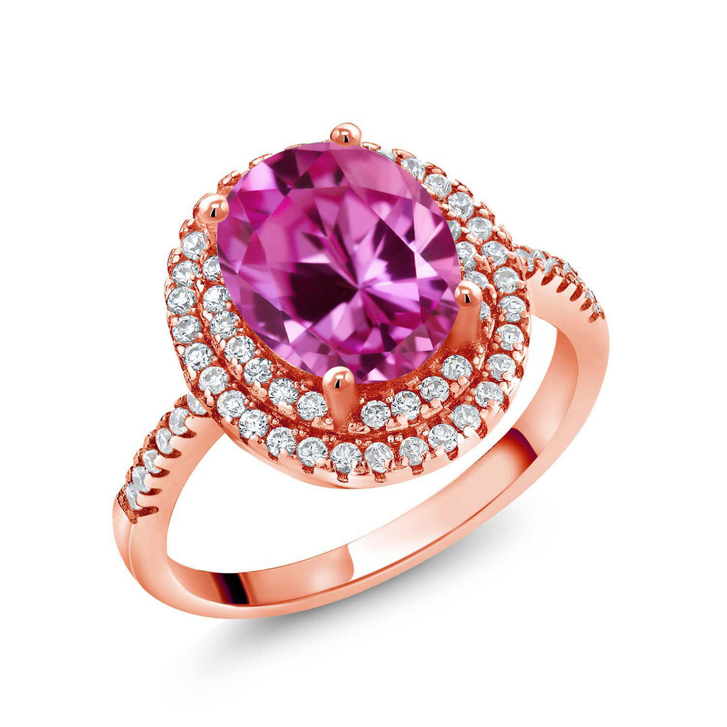 Pink Created Sapphire - September_7_Ring in 925 Rose Gold Plated Silver