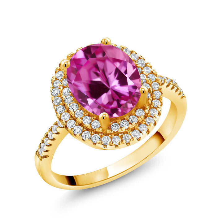 Pink Created Sapphire - September_5_Ring in 925 Yellow Gold Plated Silver