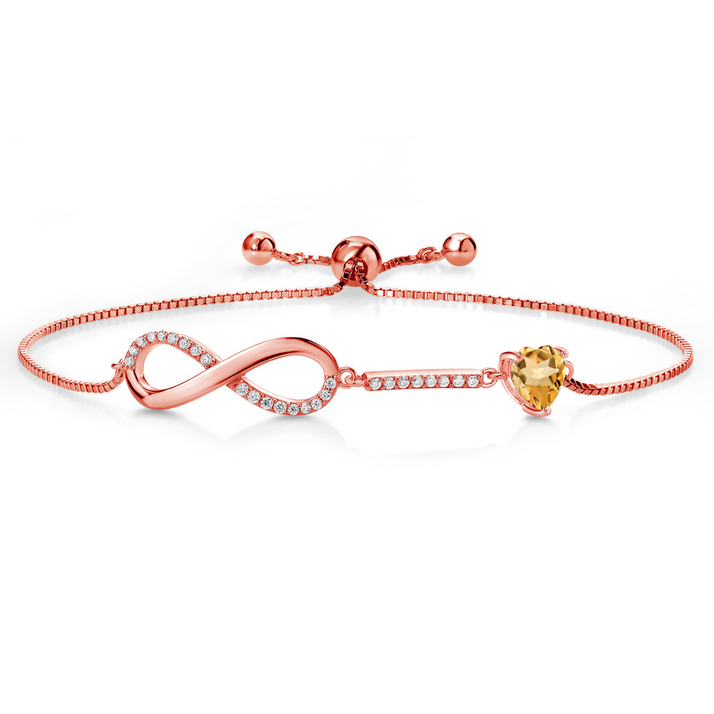 Gem Stone King 18K Rose Gold Plated Silver Heart Shape 6MM Gemstone Birthstone and White Moissanite Infinity Tennis Bracelet For Women Fully Adjustable Up to 9 Inch