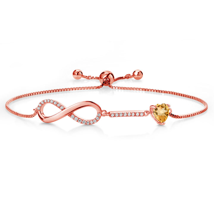 Gem Stone King 18K Rose Gold Plated Silver Heart Shape 6MM Gemstone Birthstone and White Moissanite Infinity Tennis Bracelet For Women Fully Adjustable Up to 9 Inch