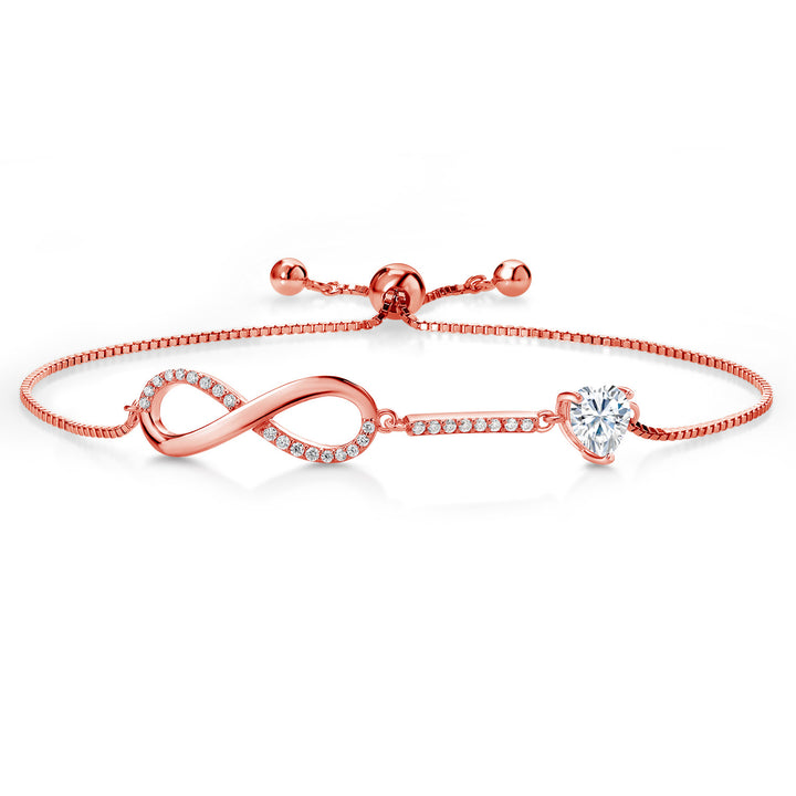 Gem Stone King 18K Rose Gold Plated Silver Heart Shape 6MM Gemstone Birthstone and White Moissanite Infinity Tennis Bracelet For Women Fully Adjustable Up to 9 Inch