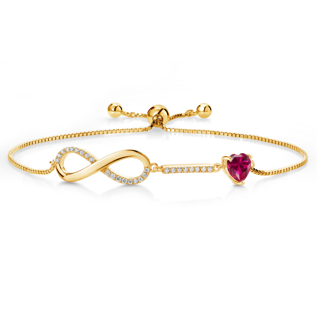 Gem Stone King 18K Yellow Gold Plated Silver Heart Shape 6MM Gemstone Birthstone and White Moissanite Infinity Tennis Bracelet For Women | Adjustable Bolo Bracelet For Women | Easy-On Easy-Off