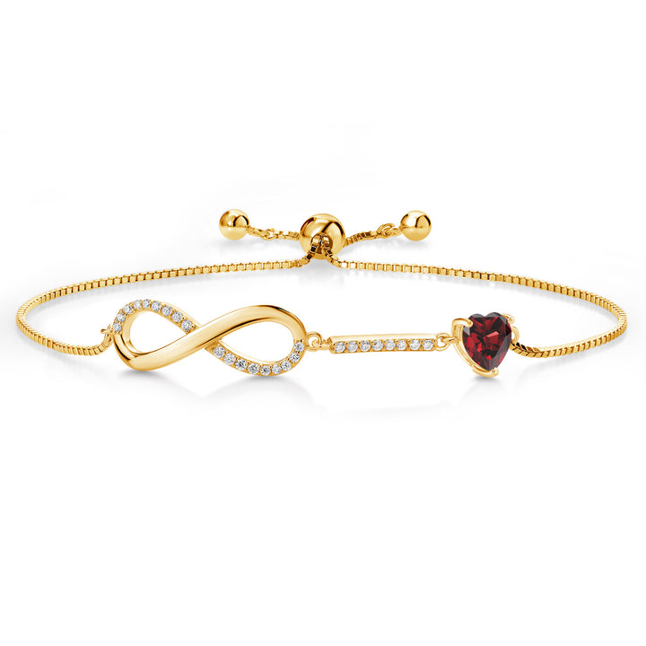 Gem Stone King 18K Yellow Gold Plated Silver Heart Shape 6MM Gemstone Birthstone and White Moissanite Infinity Tennis Bracelet For Women | Adjustable Bolo Bracelet For Women | Easy-On Easy-Off