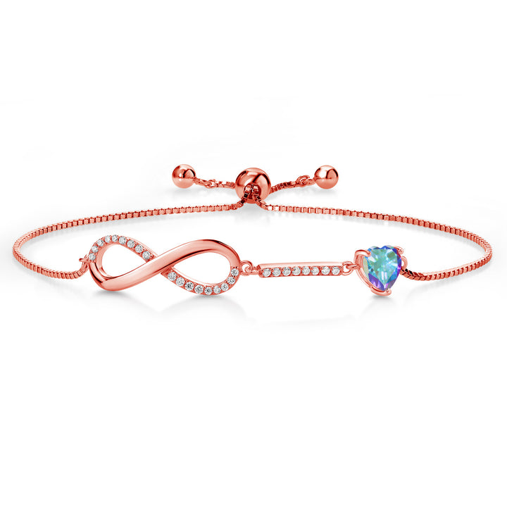 Gem Stone King 18K Rose Gold Plated Silver Heart Shape 6MM Gemstone Birthstone and White Moissanite Infinity Tennis Bracelet For Women Fully Adjustable Up to 9 Inch