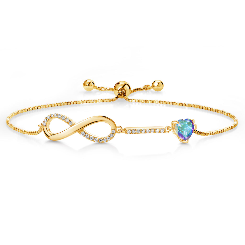 Gem Stone King 18K Yellow Gold Plated Silver Heart Shape 6MM Gemstone Birthstone and White Moissanite Infinity Tennis Bracelet For Women | Adjustable Bolo Bracelet For Women | Easy-On Easy-Off