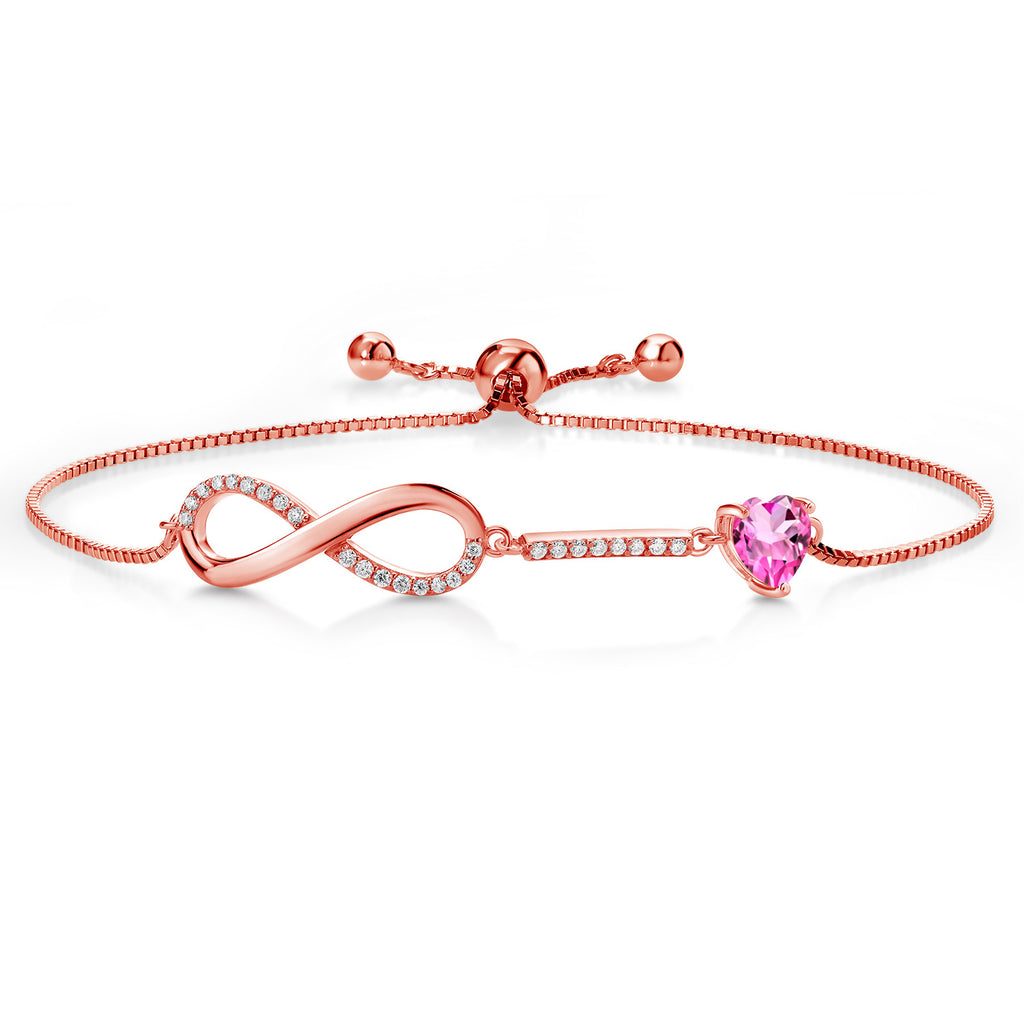 Gem Stone King 18K Rose Gold Plated Silver Heart Shape 6MM Gemstone Birthstone and White Moissanite Infinity Tennis Bracelet For Women Fully Adjustable Up to 9 Inch