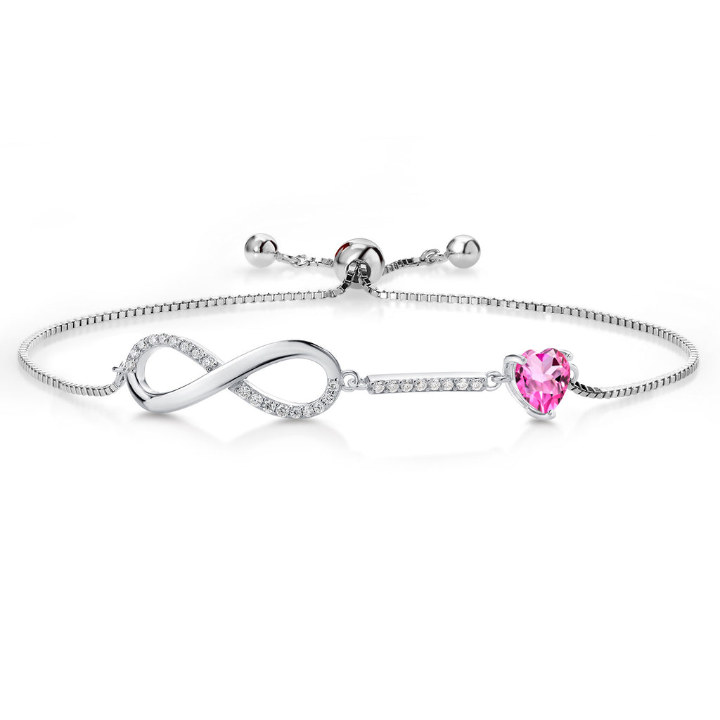 Gem Stone King 925 Sterling Silver Heart Shape 6MM Gemstone Birthstone and White Moissanite Infinity Tennis Bracelet For Women Fully Adjustable Up to 9 Inch