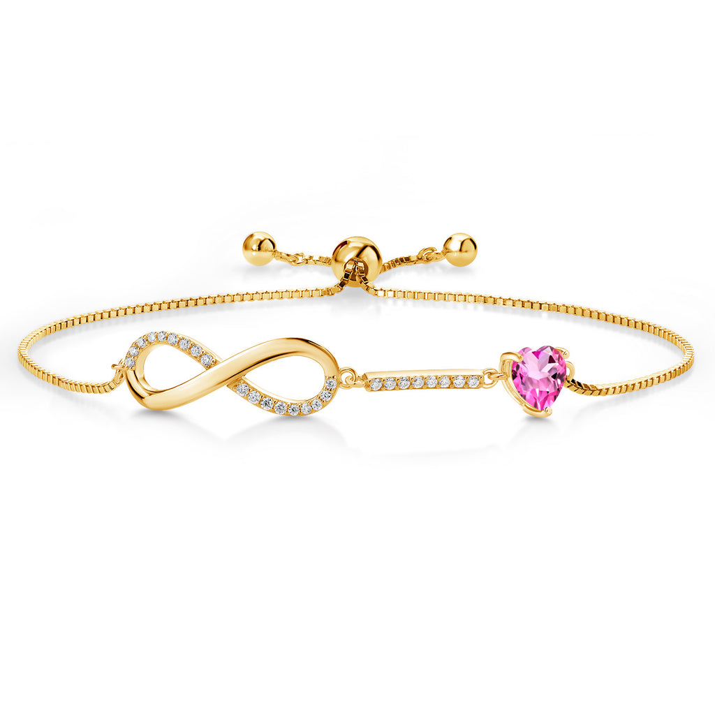 Gem Stone King 18K Yellow Gold Plated Silver Heart Shape 6MM Gemstone Birthstone and White Moissanite Infinity Tennis Bracelet For Women | Adjustable Bolo Bracelet For Women | Easy-On Easy-Off