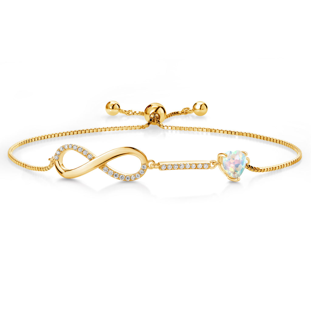 Gem Stone King 18K Yellow Gold Plated Silver Heart Shape 6MM Gemstone Birthstone and White Moissanite Infinity Tennis Bracelet For Women | Adjustable Bolo Bracelet For Women | Easy-On Easy-Off