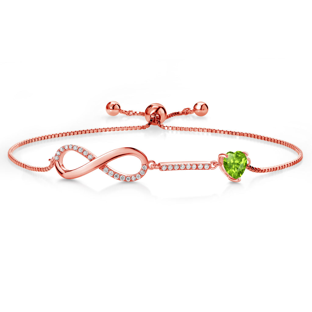 Gem Stone King 18K Rose Gold Plated Silver Heart Shape 6MM Gemstone Birthstone and White Moissanite Infinity Tennis Bracelet For Women Fully Adjustable Up to 9 Inch