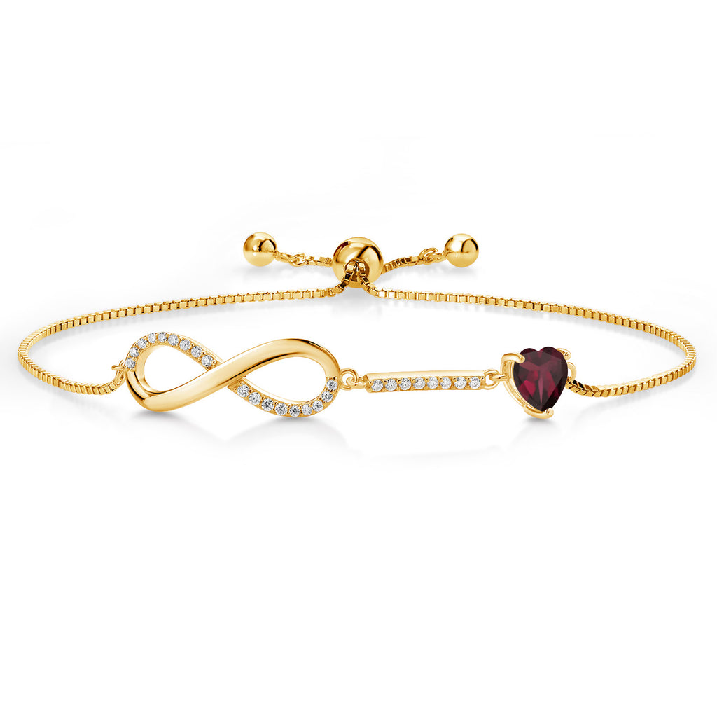 Gem Stone King 18K Yellow Gold Plated Silver Heart Shape 6MM Gemstone Birthstone and White Moissanite Infinity Tennis Bracelet For Women | Adjustable Bolo Bracelet For Women | Easy-On Easy-Off