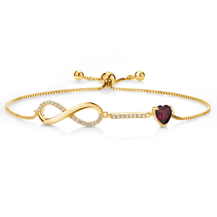 Gem Stone King 18K Yellow Gold Plated Silver Heart Shape 6MM Gemstone Birthstone and White Moissanite Infinity Tennis Bracelet For Women | Adjustable Bolo Bracelet For Women | Easy-On Easy-Off