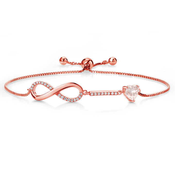Gem Stone King 18K Rose Gold Plated Silver Heart Shape 6MM Gemstone Birthstone and White Moissanite Infinity Tennis Bracelet For Women Fully Adjustable Up to 9 Inch