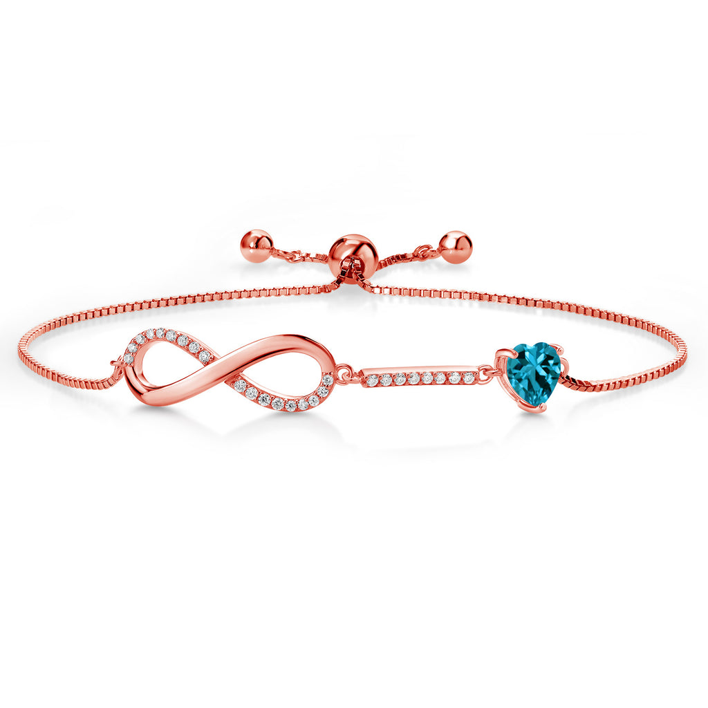 Gem Stone King 18K Rose Gold Plated Silver Heart Shape 6MM Gemstone Birthstone and White Moissanite Infinity Tennis Bracelet For Women Fully Adjustable Up to 9 Inch