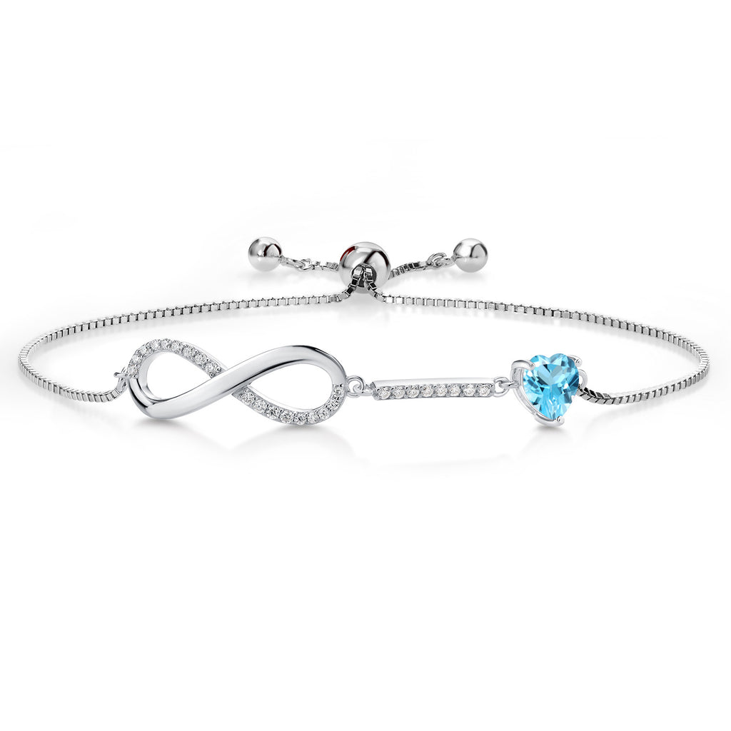Gem Stone King 925 Sterling Silver Heart Shape 6MM Gemstone Birthstone and White Moissanite Infinity Tennis Bracelet For Women Fully Adjustable Up to 9 Inch