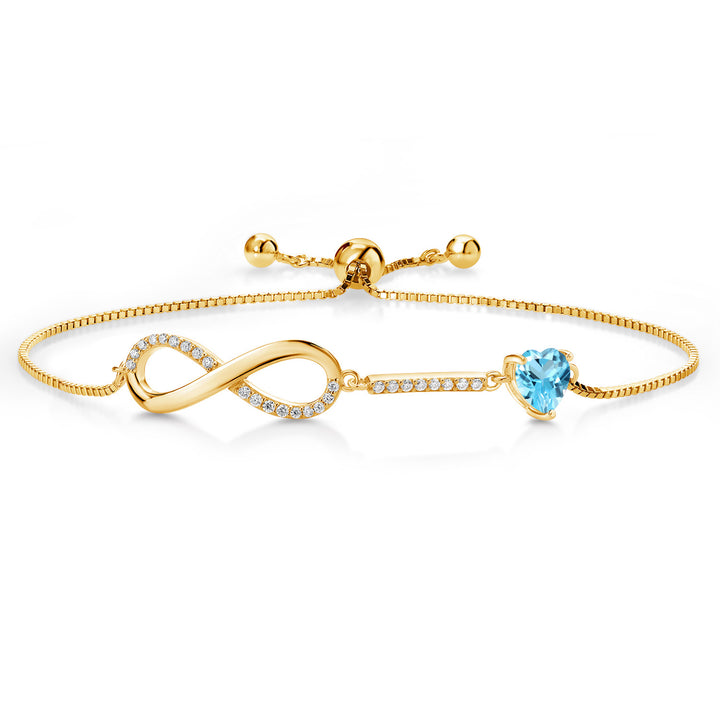 Gem Stone King 18K Yellow Gold Plated Silver Heart Shape 6MM Gemstone Birthstone and White Moissanite Infinity Tennis Bracelet For Women | Adjustable Bolo Bracelet For Women | Easy-On Easy-Off