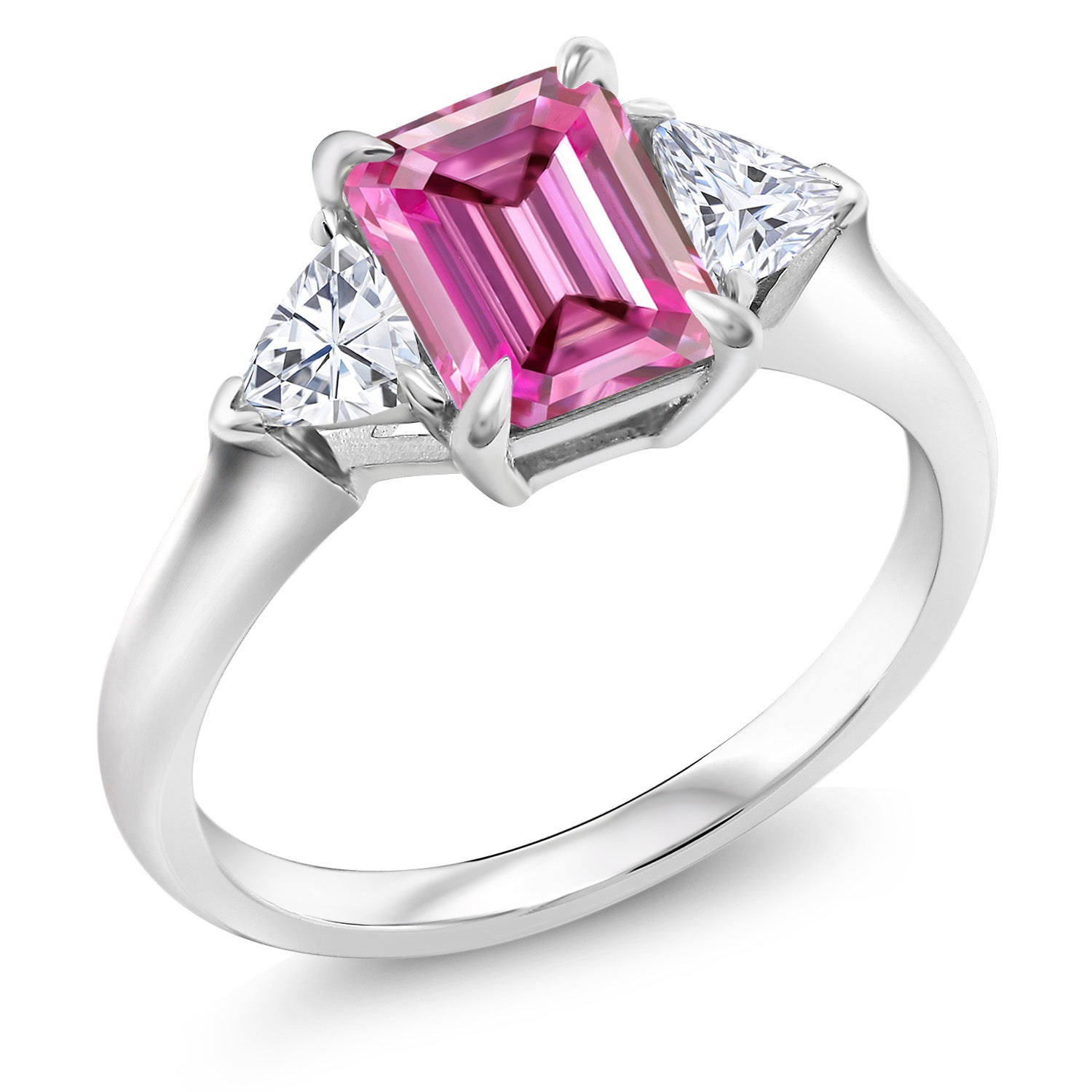 925 Sterling Silver Pink and White Moissanite 3-Stone Ring | 2.07 Cttw | Three Stone Wedding Engagement Anniversary Promise Ring For Women | Emerald Cut 8X6MM | Trillion 3.5MM