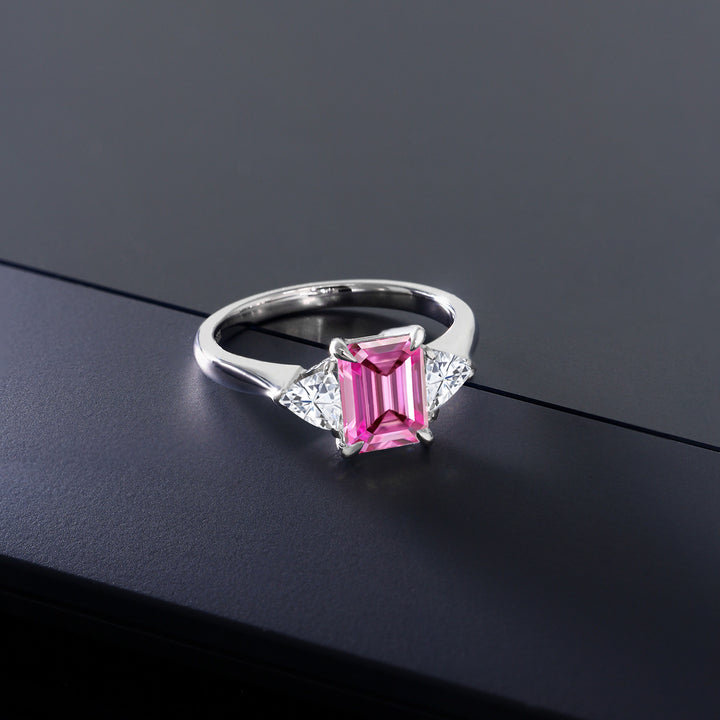 925 Sterling Silver Pink and White Moissanite 3-Stone Ring | 2.07 Cttw | Three Stone Wedding Engagement Anniversary Promise Ring For Women | Emerald Cut 8X6MM | Trillion 3.5MM