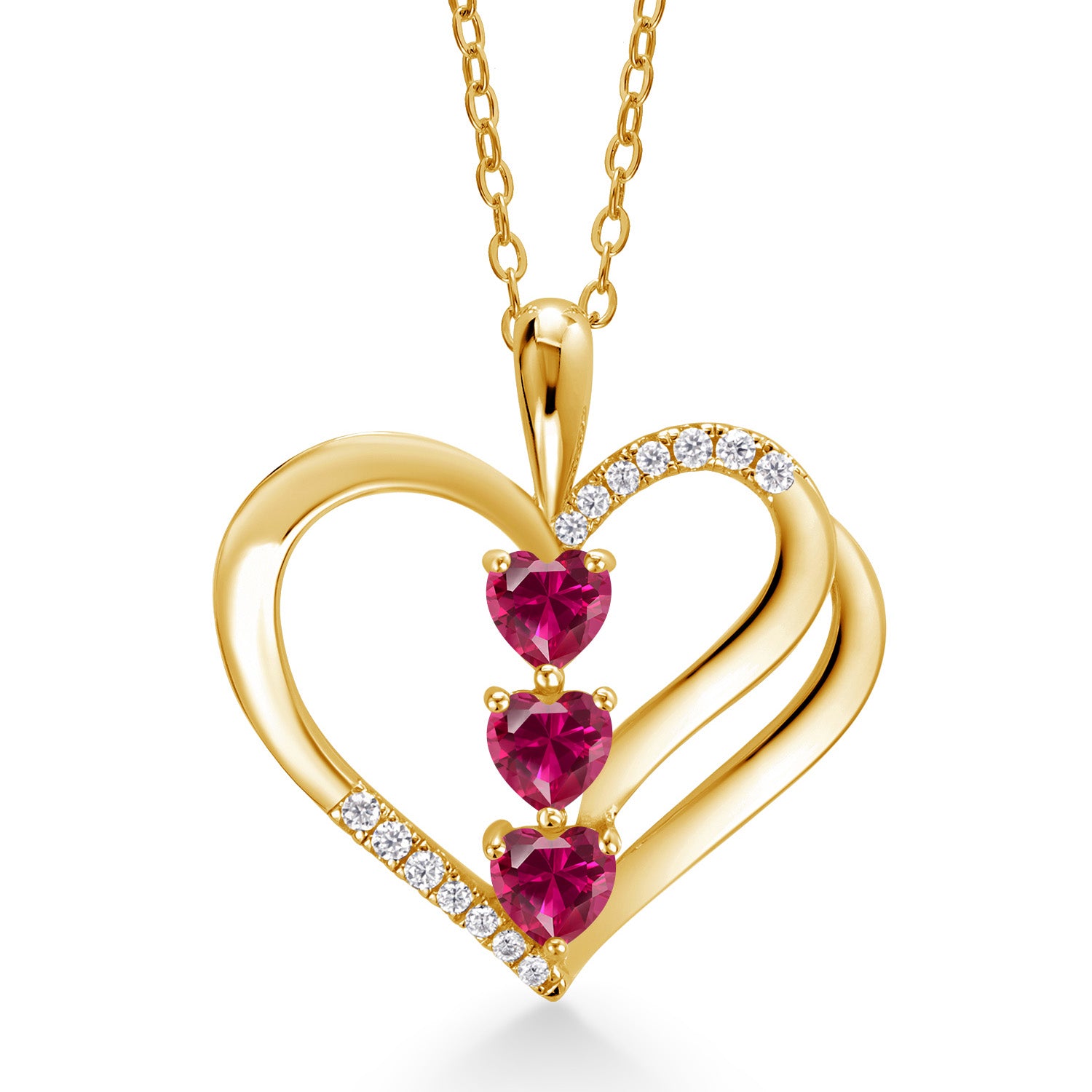 18K Yellow Gold Plated Silver Red Created Ruby and White Moissanite 3-Stone Pendant Necklace For Women (1.00 Cttw, Gemstone July Birthstone, Heart Shape 4MM, with 18 Inch Silver Chain)