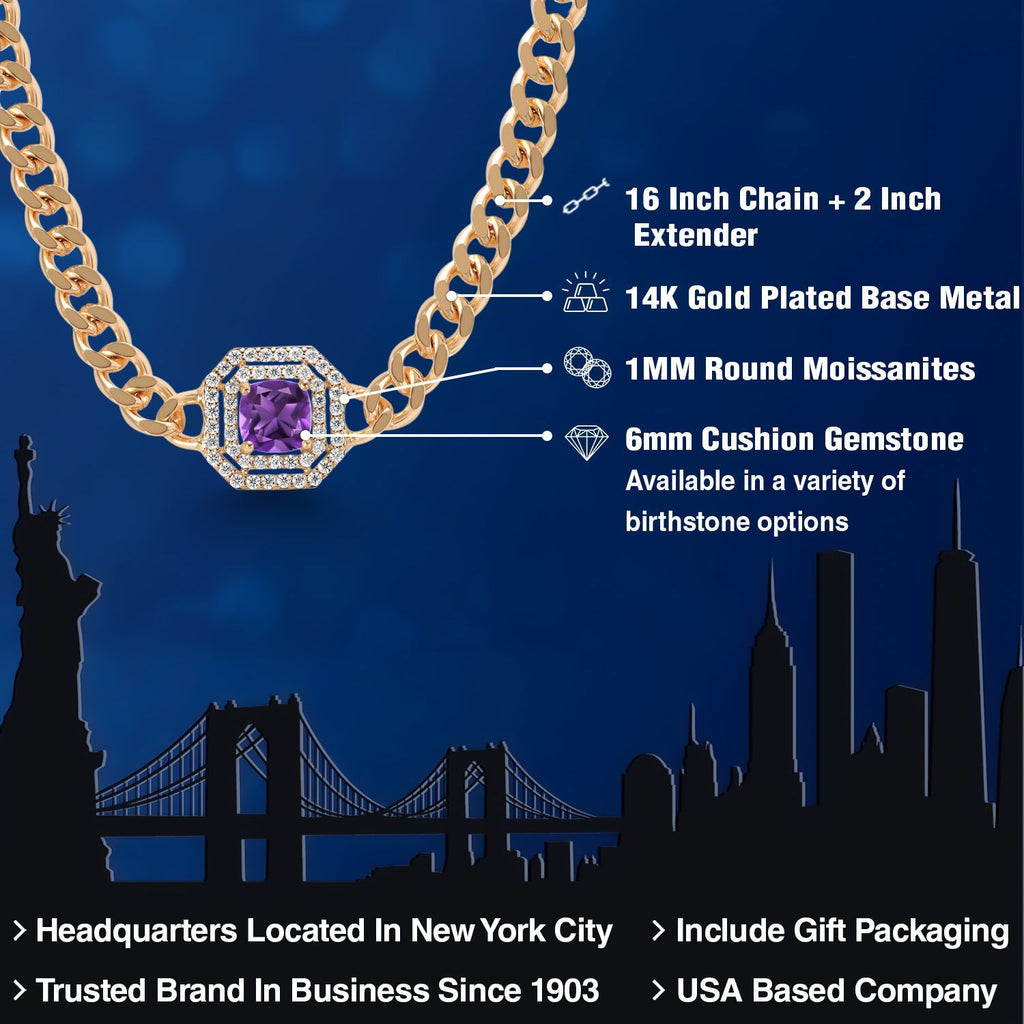 Amethyst and Moissanite_Necklace in yellow gold plated brass