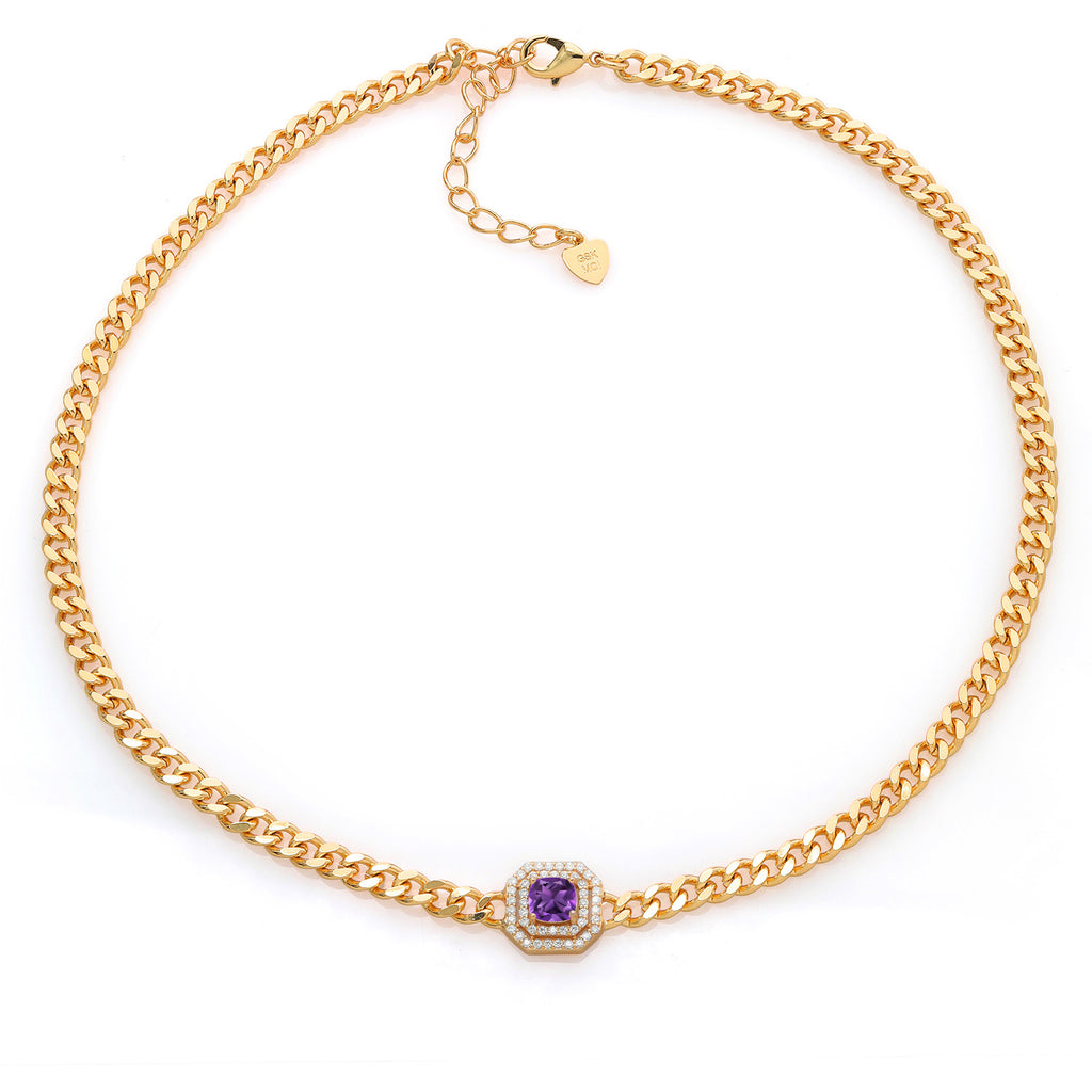 Amethyst and Moissanite_Necklace in yellow gold plated brass