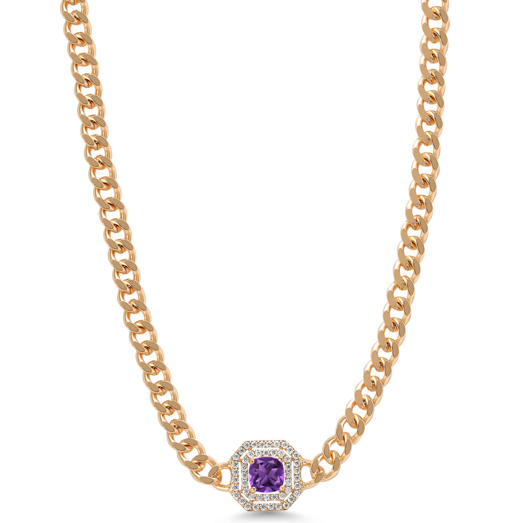 Amethyst and Moissanite_Necklace in yellow gold plated brass