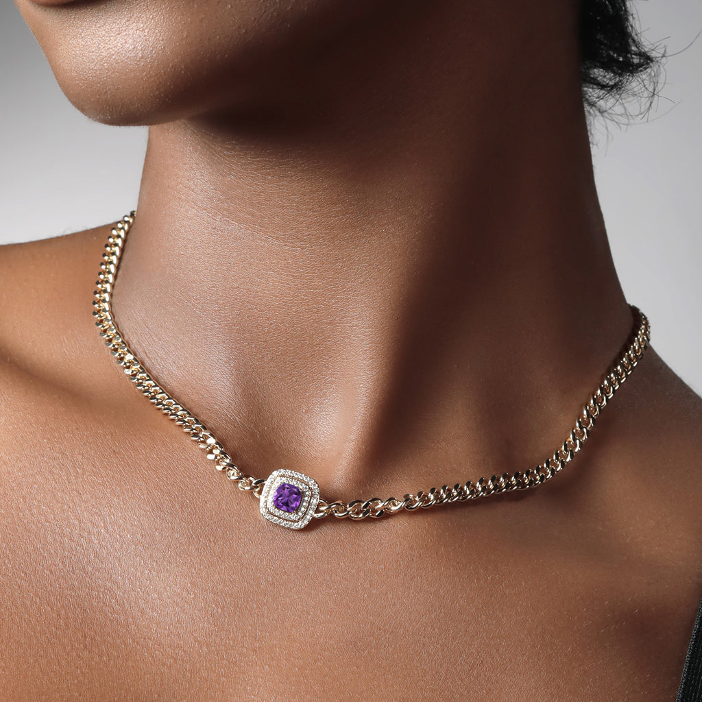 Amethyst and Moissanite_Necklace in yellow gold plated brass