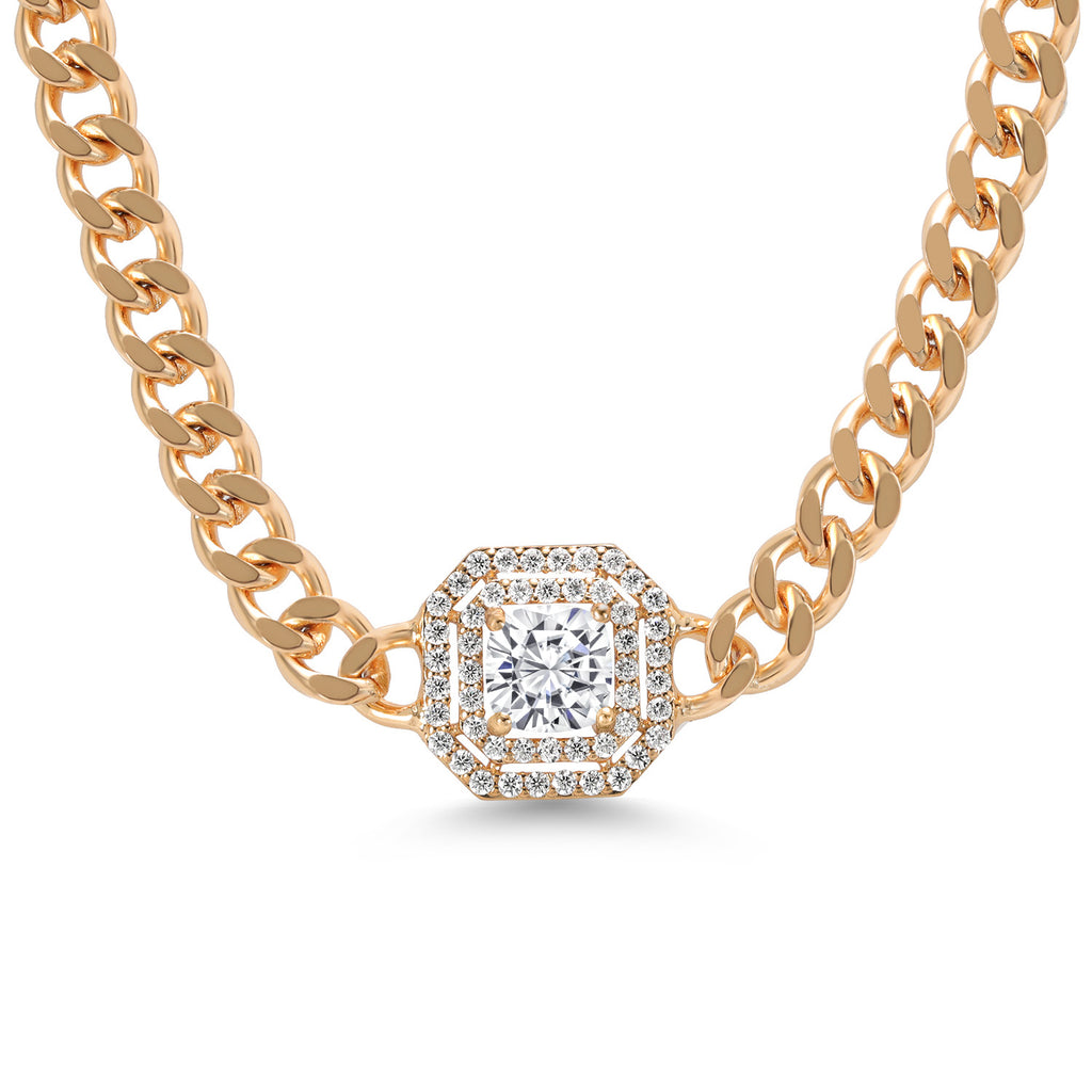 White Moissanite - April_Necklace in yellow gold plated brass