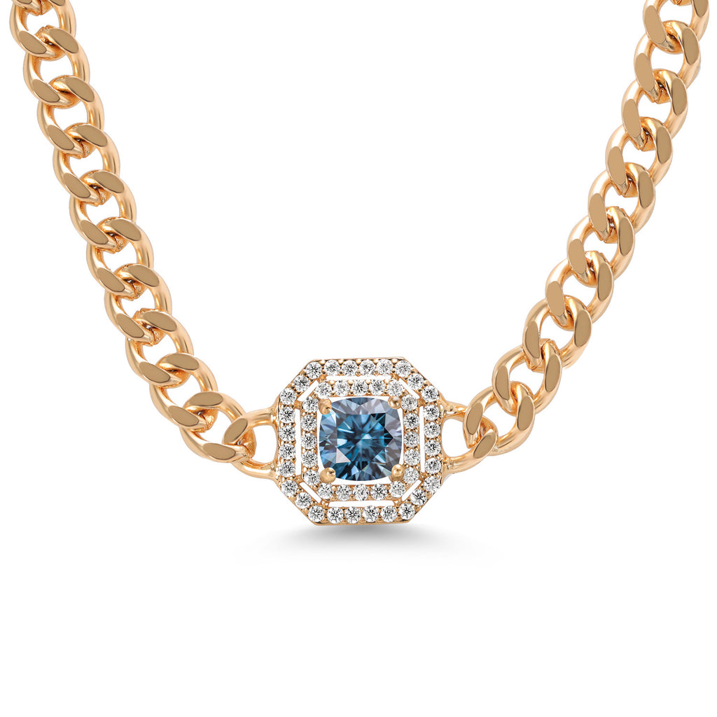 Gem Stone King 14K Yellow Gold Plated Gemstone Birthstone and White Moissanite Necklace | Cuban Curb Link Chain Pendant Necklace for Women | Cushion 6MM | 16 Inch Chain + 2 Inch Extender