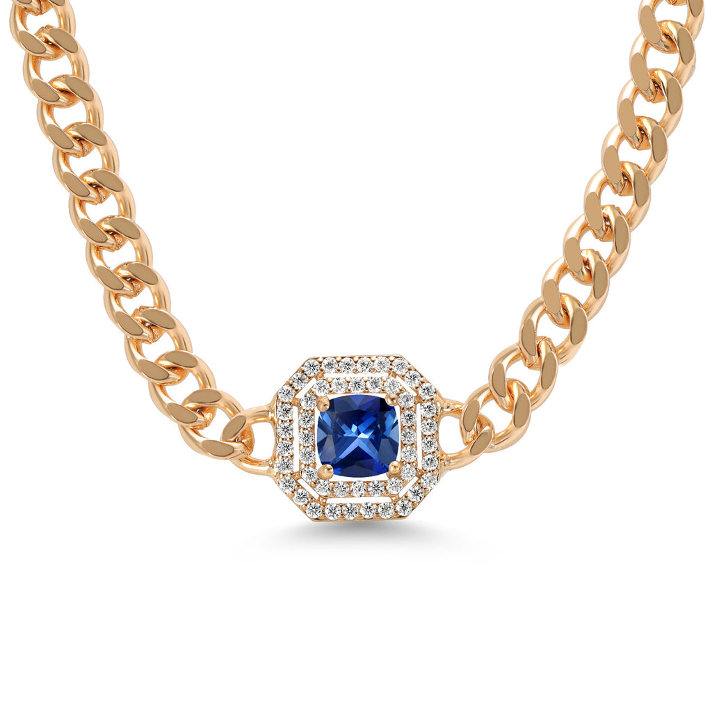 Gem Stone King 14K Yellow Gold Plated Gemstone Birthstone and White Moissanite Necklace | Cuban Curb Link Chain Pendant Necklace for Women | Cushion 6MM | 16 Inch Chain + 2 Inch Extender