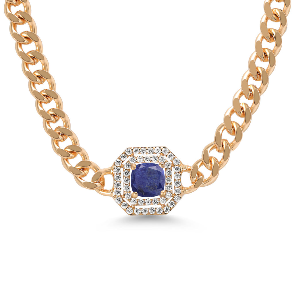 Gem Stone King 14K Yellow Gold Plated Gemstone Birthstone and White Moissanite Necklace | Cuban Curb Link Chain Pendant Necklace for Women | Cushion 6MM | 16 Inch Chain + 2 Inch Extender