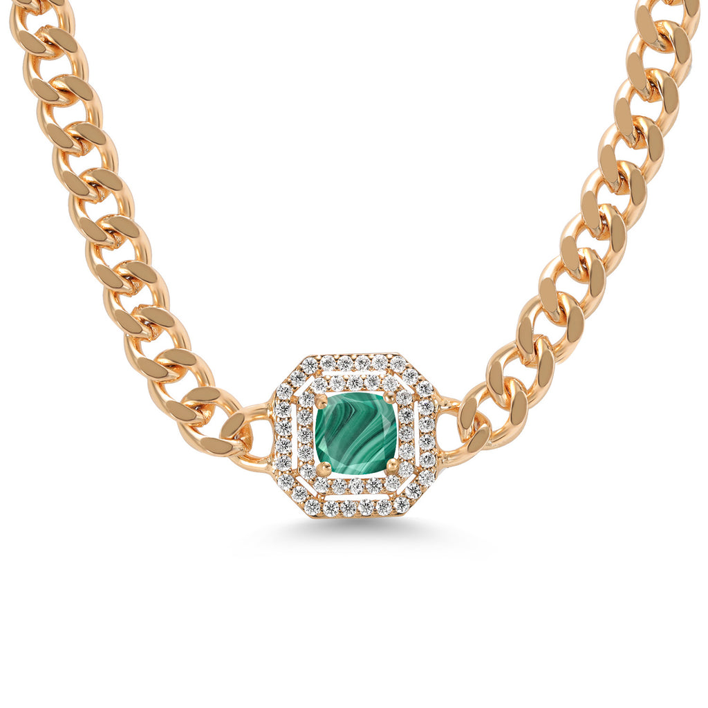 Gem Stone King 14K Yellow Gold Plated Gemstone Birthstone and White Moissanite Necklace | Cuban Curb Link Chain Pendant Necklace for Women | Cushion 6MM | 16 Inch Chain + 2 Inch Extender