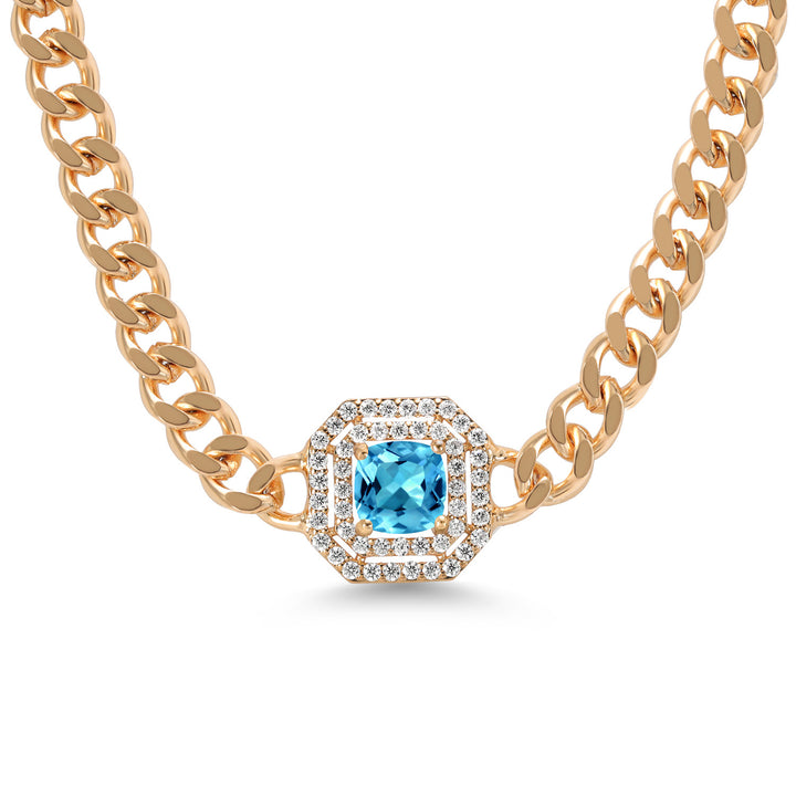 Gem Stone King 14K Yellow Gold Plated Gemstone Birthstone and White Moissanite Necklace | Cuban Curb Link Chain Pendant Necklace for Women | Cushion 6MM | 16 Inch Chain + 2 Inch Extender