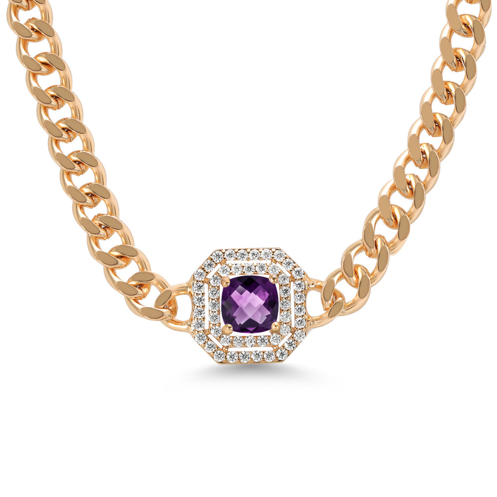 Gem Stone King 14K Yellow Gold Plated Gemstone Birthstone and White Moissanite Necklace | Cuban Curb Link Chain Pendant Necklace for Women | Cushion 6MM | 16 Inch Chain + 2 Inch Extender