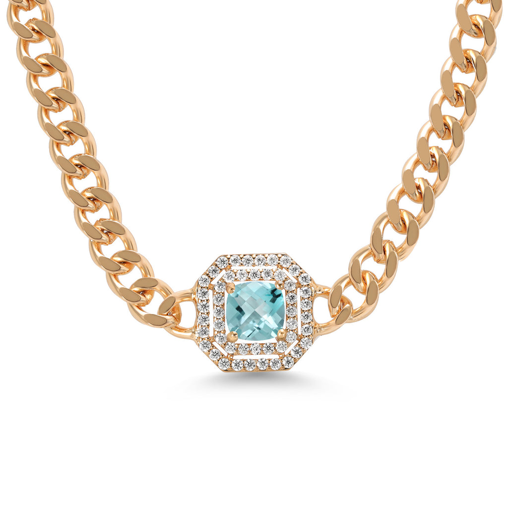 Gem Stone King 14K Yellow Gold Plated Gemstone Birthstone and White Moissanite Necklace | Cuban Curb Link Chain Pendant Necklace for Women | Cushion 6MM | 16 Inch Chain + 2 Inch Extender