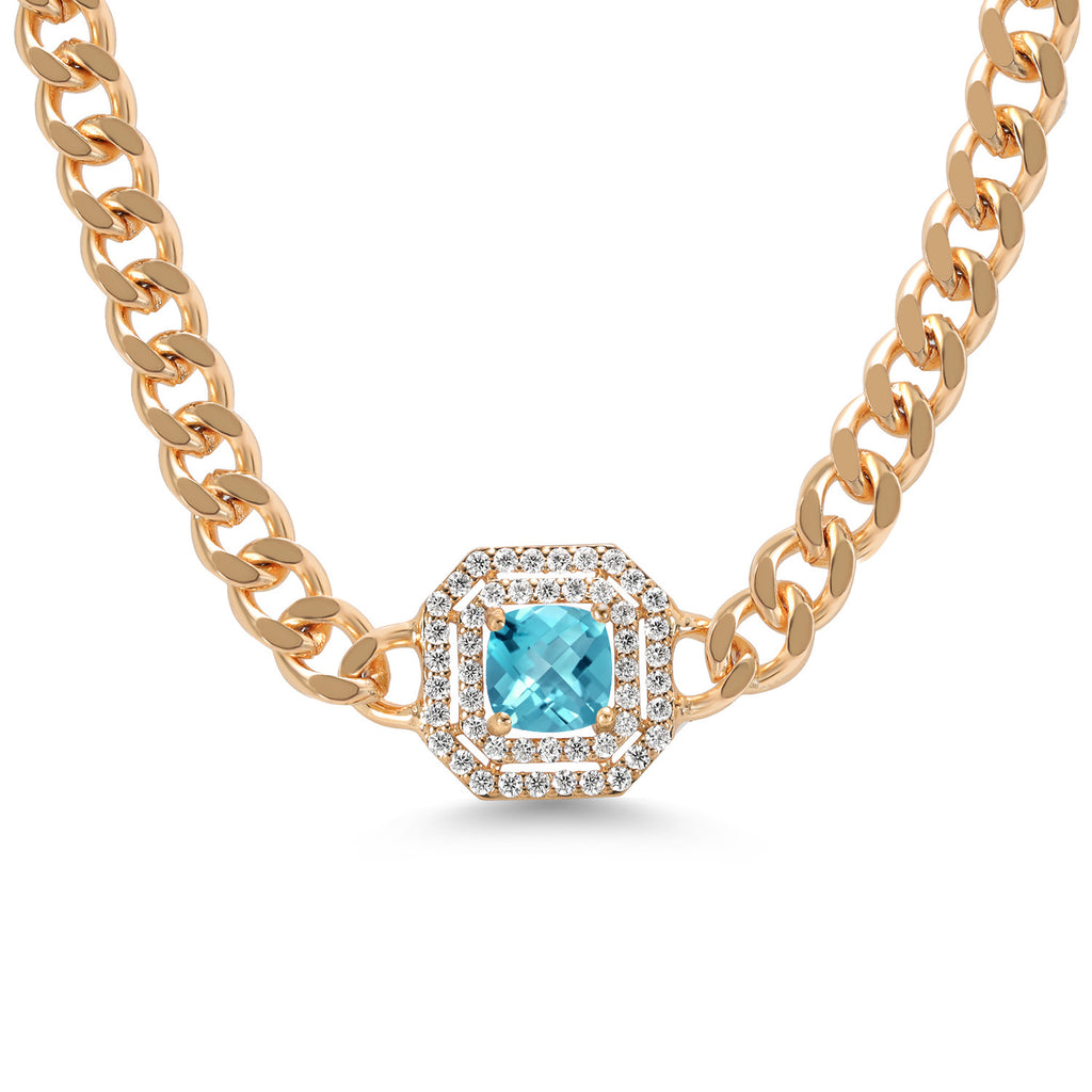Gem Stone King 14K Yellow Gold Plated Gemstone Birthstone and White Moissanite Necklace | Cuban Curb Link Chain Pendant Necklace for Women | Cushion 6MM | 16 Inch Chain + 2 Inch Extender