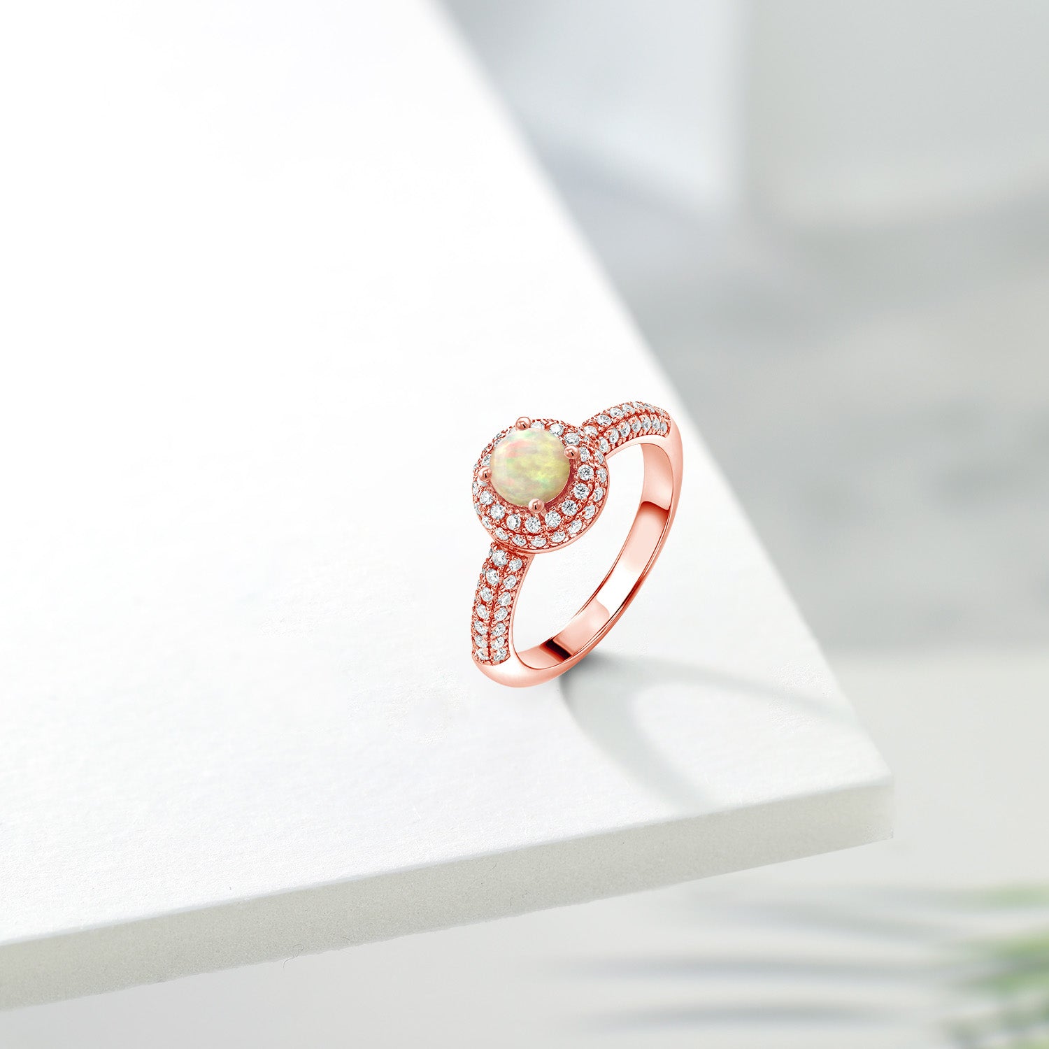 Ethiopian Opal and Moissanite_5_Ring in 925 Rose Gold Plated Silver