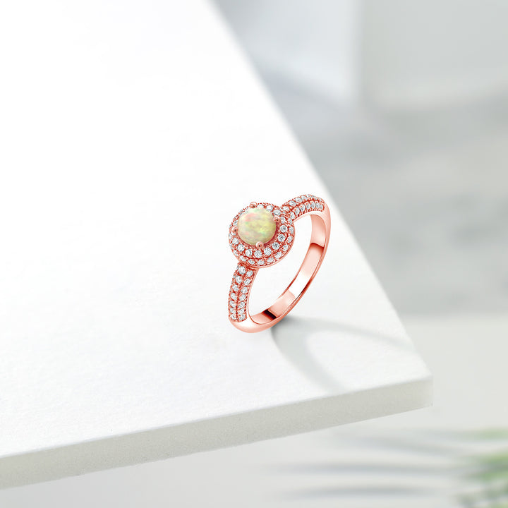 Ethiopian Opal and Moissanite_5_Ring in 925 Rose Gold Plated Silver