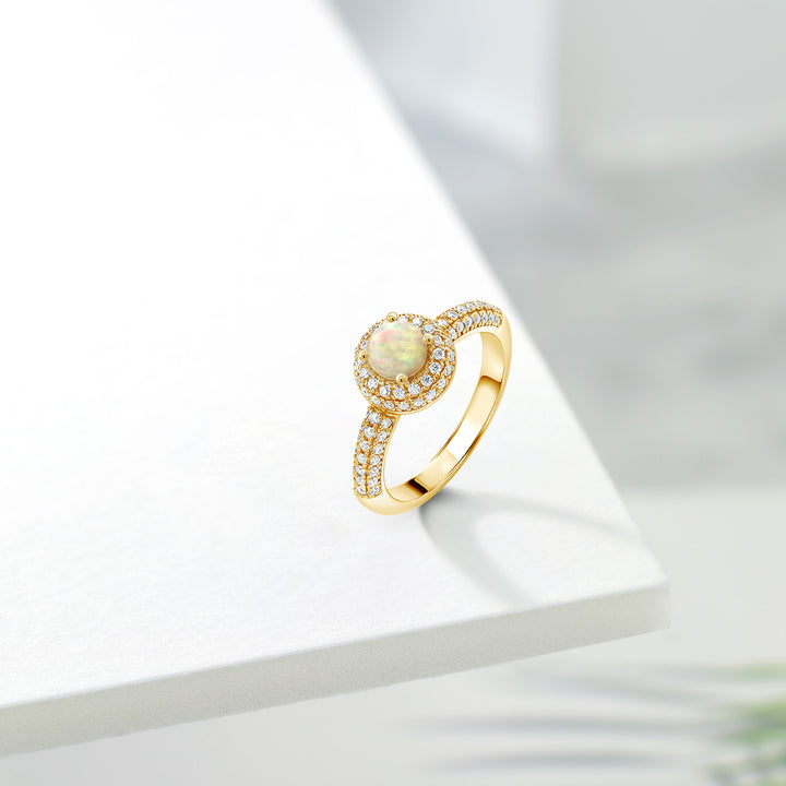 Ethiopian Opal and Moissanite_5_Ring in 925 Yellow Gold Plated Silver