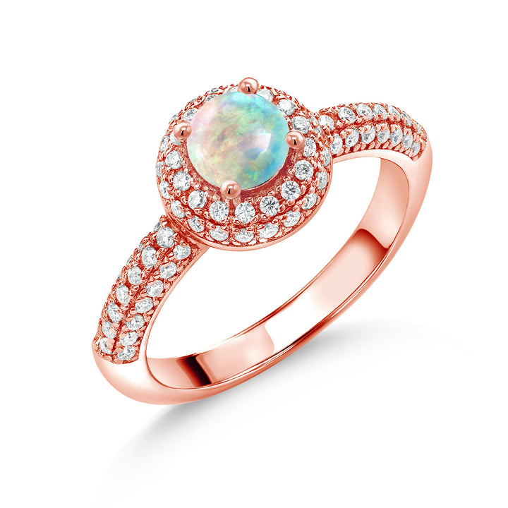 White Simulated Opal-Cabochon - October_5_Ring in 925 Rose Gold Plated Silver