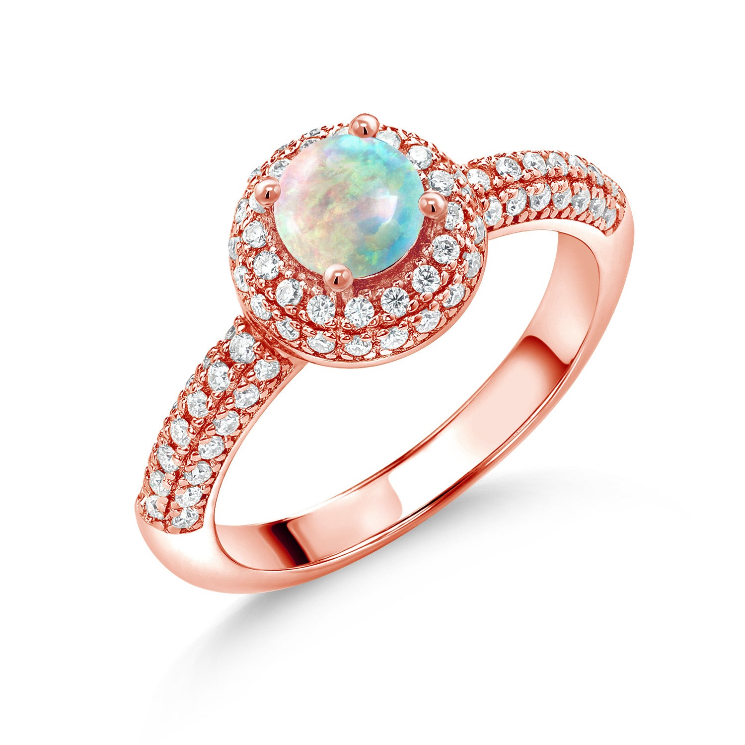 White Simulated Opal-Cabochon - October_8_Ring in 925 Rose Gold Plated Silver