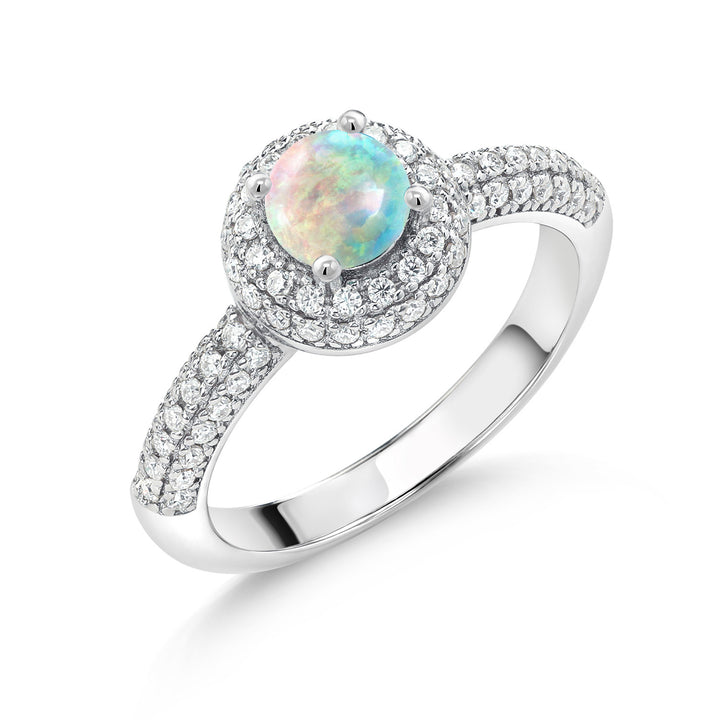 White Simulated Opal-Cabochon - October_5_Ring in 925 Sterling Silver