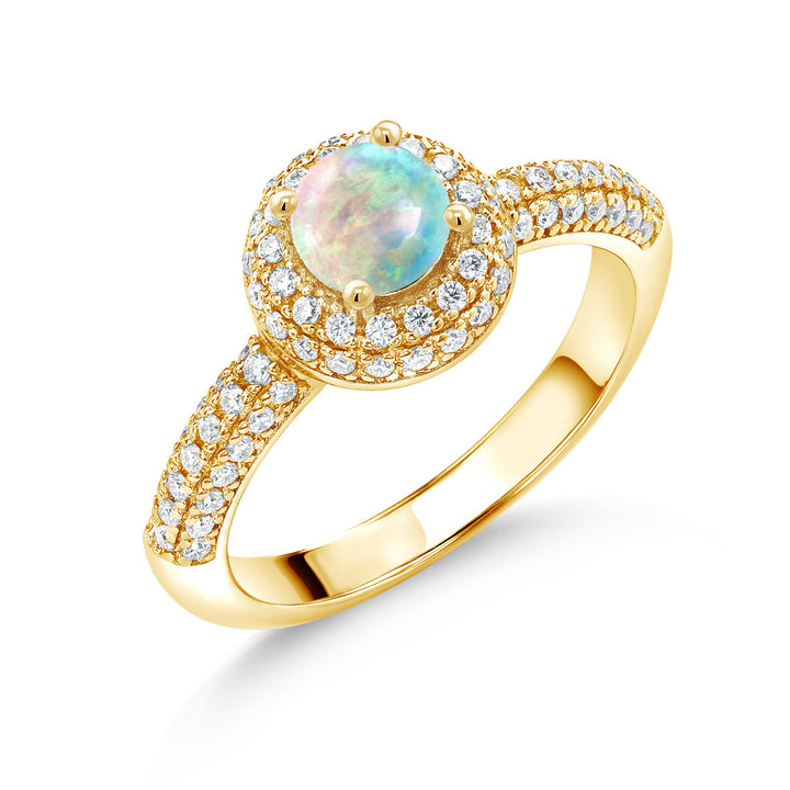 White Simulated Opal-Cabochon - October_5_Ring in 925 Yellow Gold Plated Silver