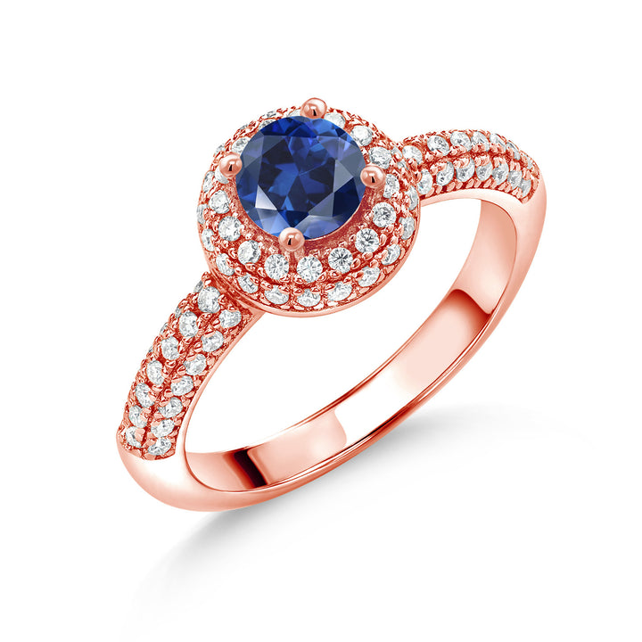 Blue Created Sapphire - September_5_Ring in 925 Rose Gold Plated Silver