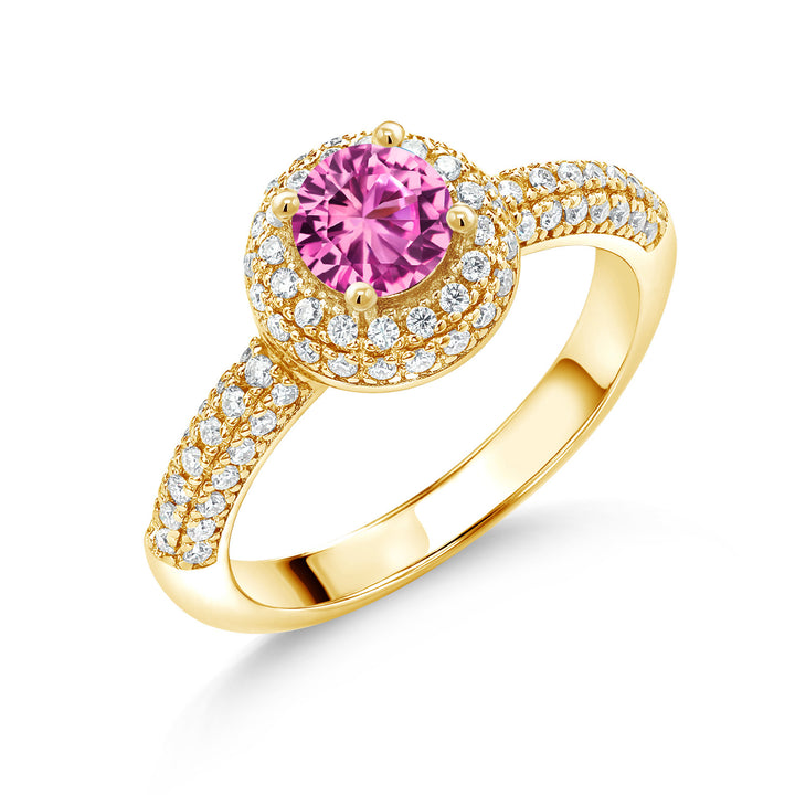 Pink Created Sapphire - September_5_Ring in 925 Yellow Gold Plated Silver