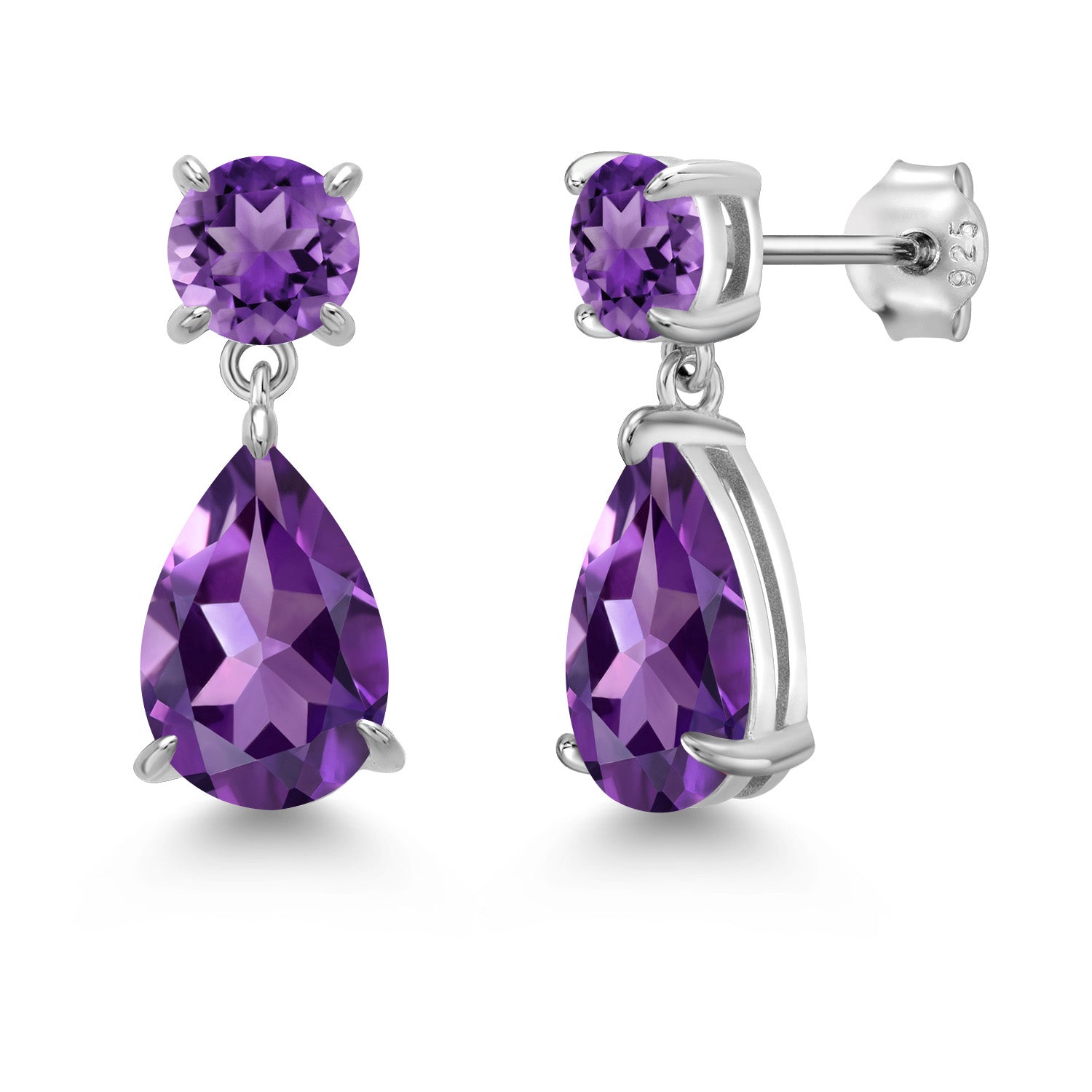 925 Sterling Silver Purple Amethyst Teardrop Dangle Drop Earrings For Women (7.30 Cttw, Gemstone Birthstone, Pear Shape 12x8MM, Round 6MM)