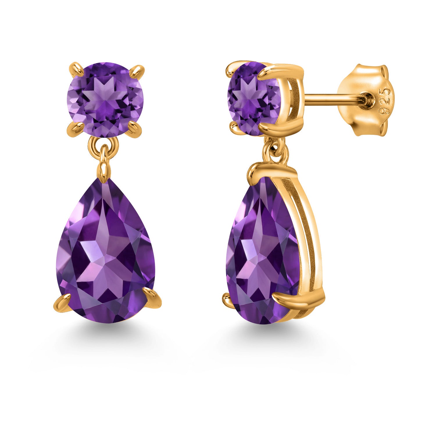 18K Yellow Gold Plated Silver Purple Amethyst Teardrop Dangle Drop Earrings For Women (7.30 Cttw, Gemstone Birthstone, Pear Shape 12x8MM, Round 6MM)