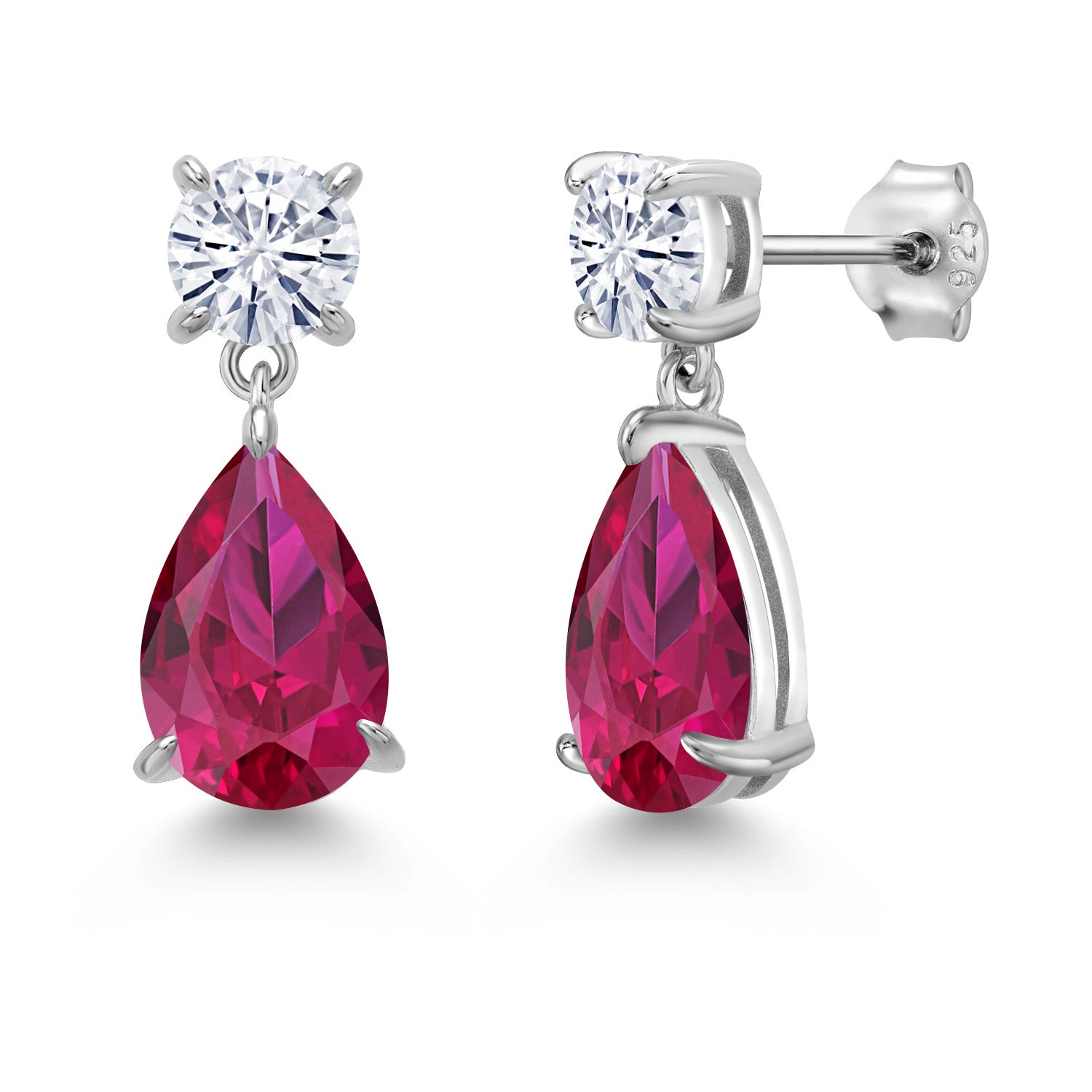 925 Sterling Silver Red Created Ruby and White Moissanite Teardrop Dangle Drop Earrings For Women (8.56 Cttw, Pear Shape 12X8MM, Round 6MM)