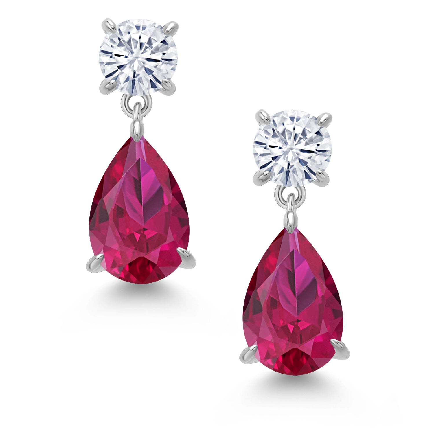 925 Sterling Silver Red Created Ruby and White Moissanite Teardrop Dangle Drop Earrings For Women (8.56 Cttw, Pear Shape 12X8MM, Round 6MM)